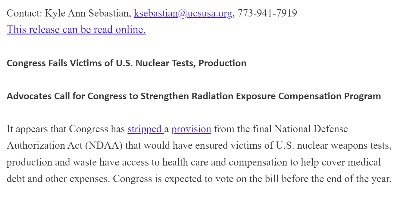 Congress Fails Victims of U.S. Nuclear Tests, Production