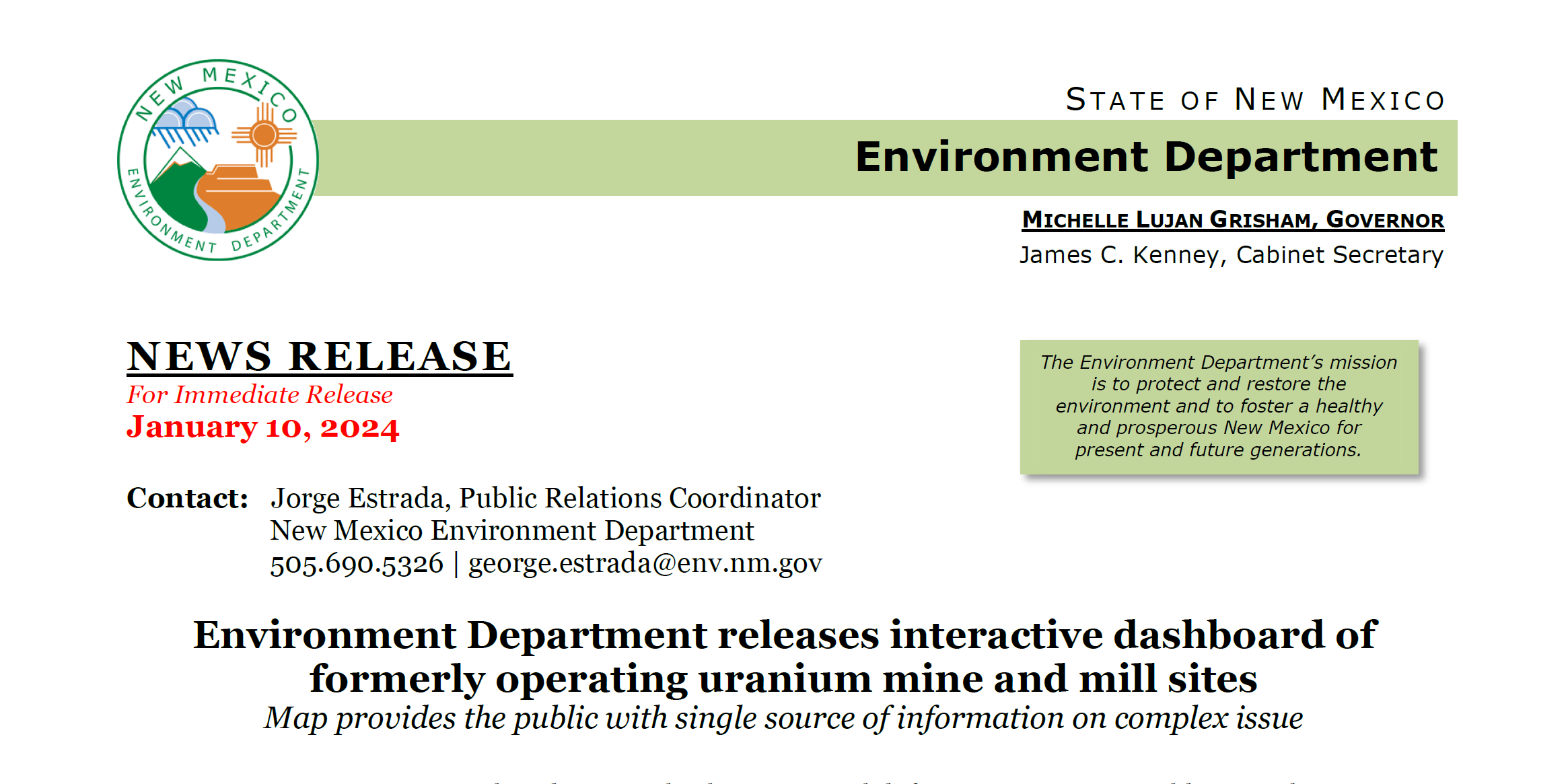 Environment Department releases interactive dashboard of formerly operating uranium mine and mill sites